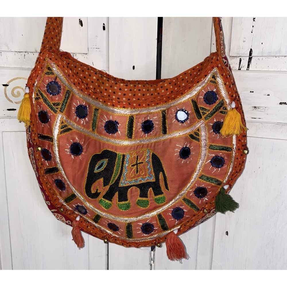 Vintage Embroidered Elephant Print Orange Sling Bag Purse Tassels, Mirror Dots
